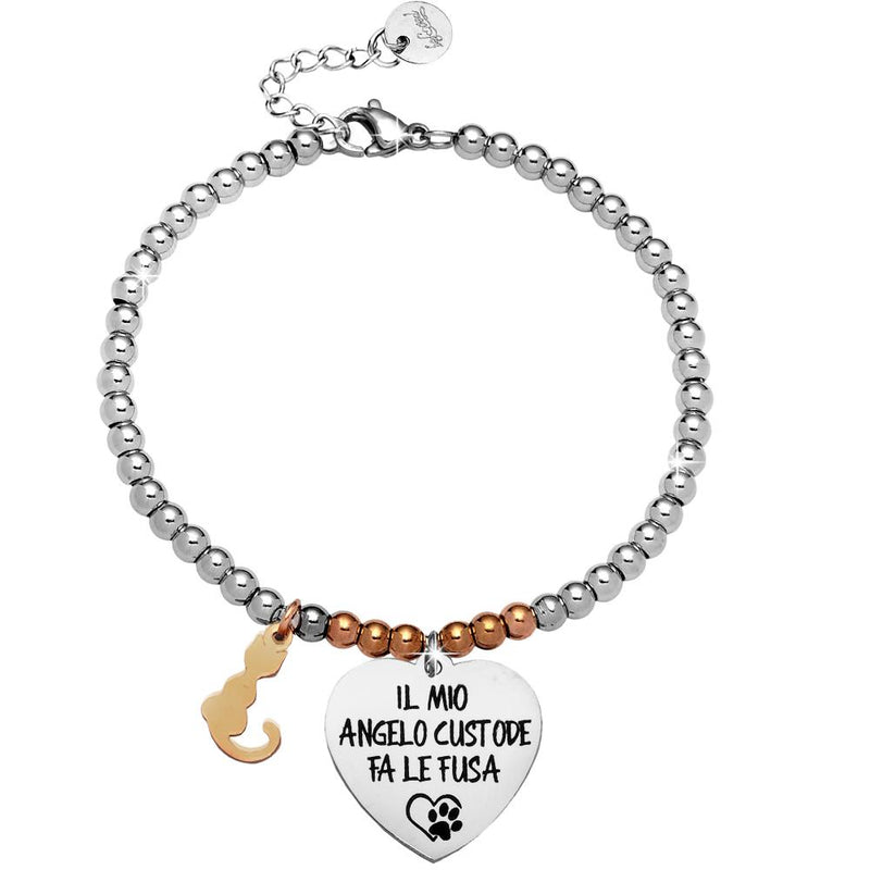 Bracciale in acciaio silver e rose gold con incisione nera - "Il mio angelo custode fa le fusa" -Beloved_gioielli