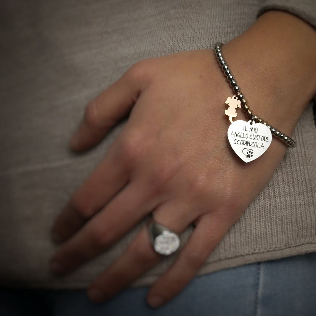 Bracciale in acciaio silver e rose gold con incisione nera - "Il mio angelo custode scodinzola" -Beloved_gioielli