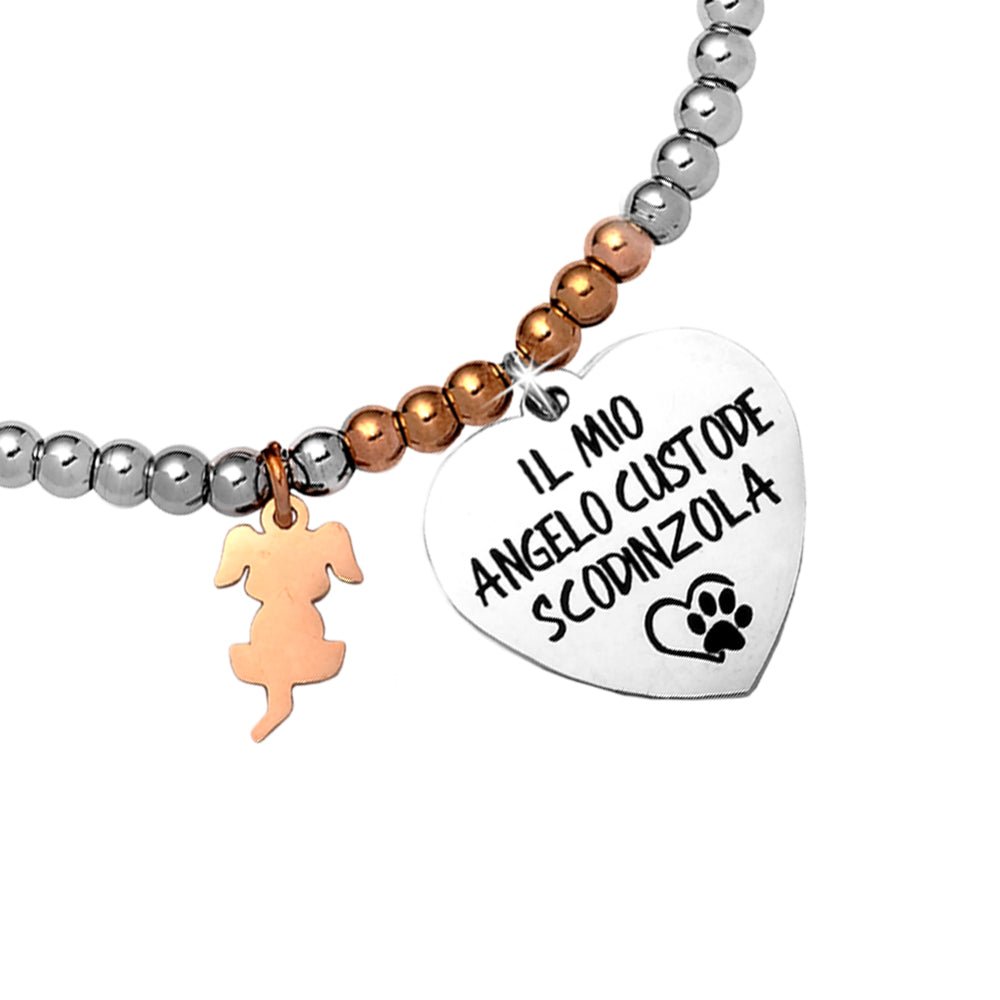 Bracciale in acciaio silver e rose gold con incisione nera - "Il mio angelo custode scodinzola" -Beloved_gioielli