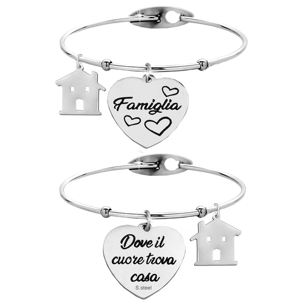 Bracciale rigido donna con charms e incisione su due lati - "Famiglia" - "Dove il cuore trova casa" -Beloved_gioielli