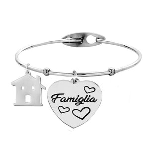 Bracciale rigido donna con charms e incisione su due lati - "Famiglia" - "Dove il cuore trova casa" -Beloved_gioielli