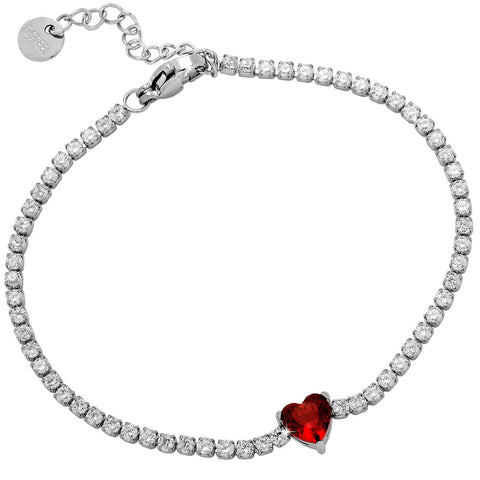 Aloha Bracciale Tennis Con Cuore Rosso E Cristalli Bianchi - Acciaio Regolabile 17+3 Cm, Regalo Donna