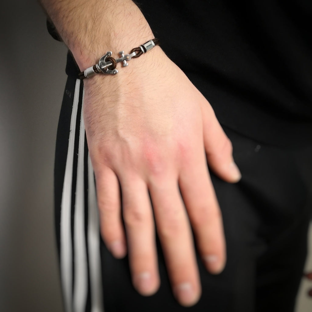 Bracciale uomo con Ancora in acciaio - Brown -Beloved_gioielli
