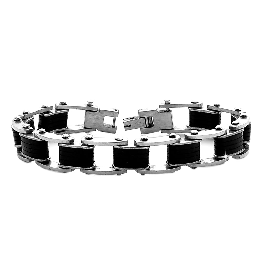 Bracciale uomo con maglie in acciaio silver e silicone nero -Beloved_gioielli