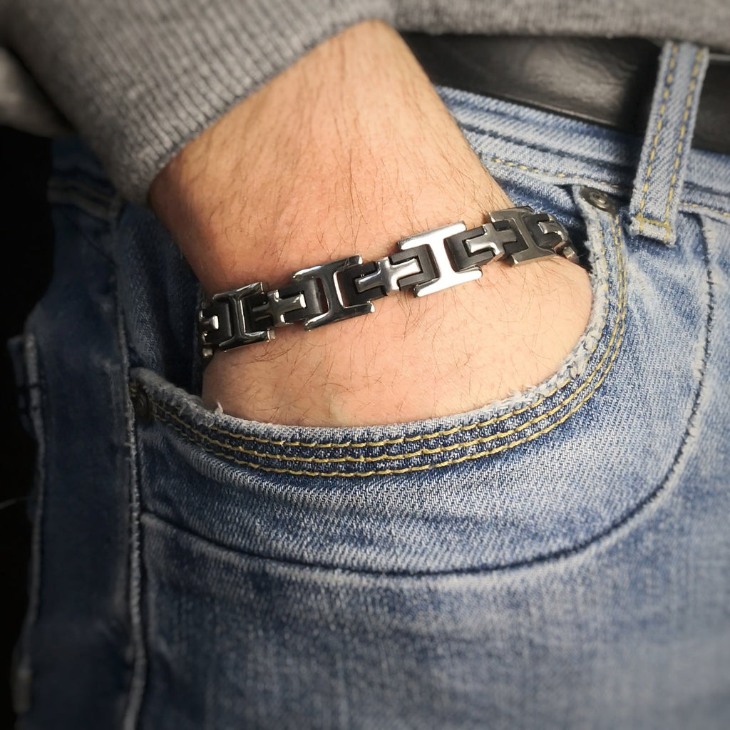 Bracciale uomo con maglie in acciaio silver e silicone nero -Beloved_gioielli