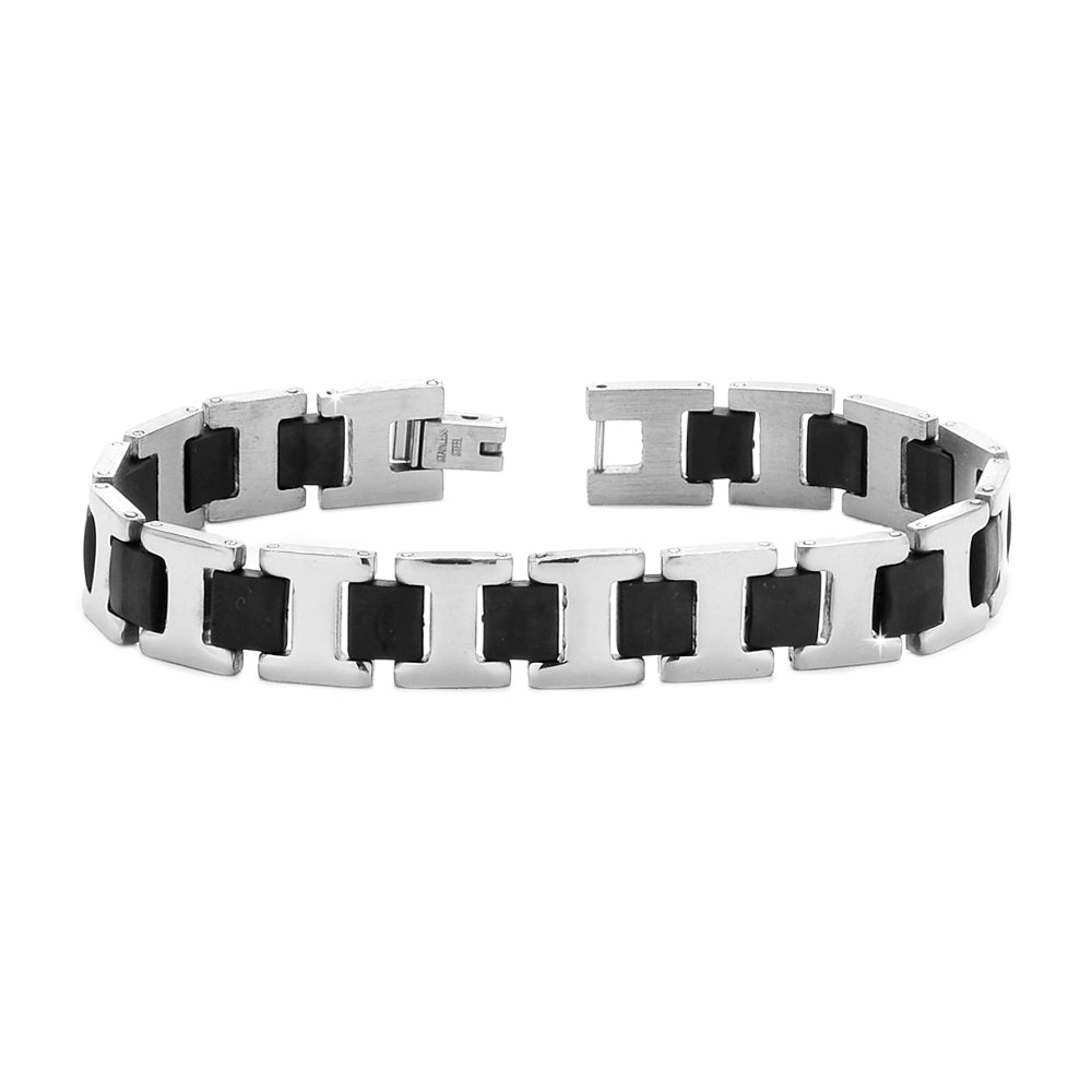 Bracciale uomo con maglie in acciaio silver e silicone nero -Beloved_gioielli