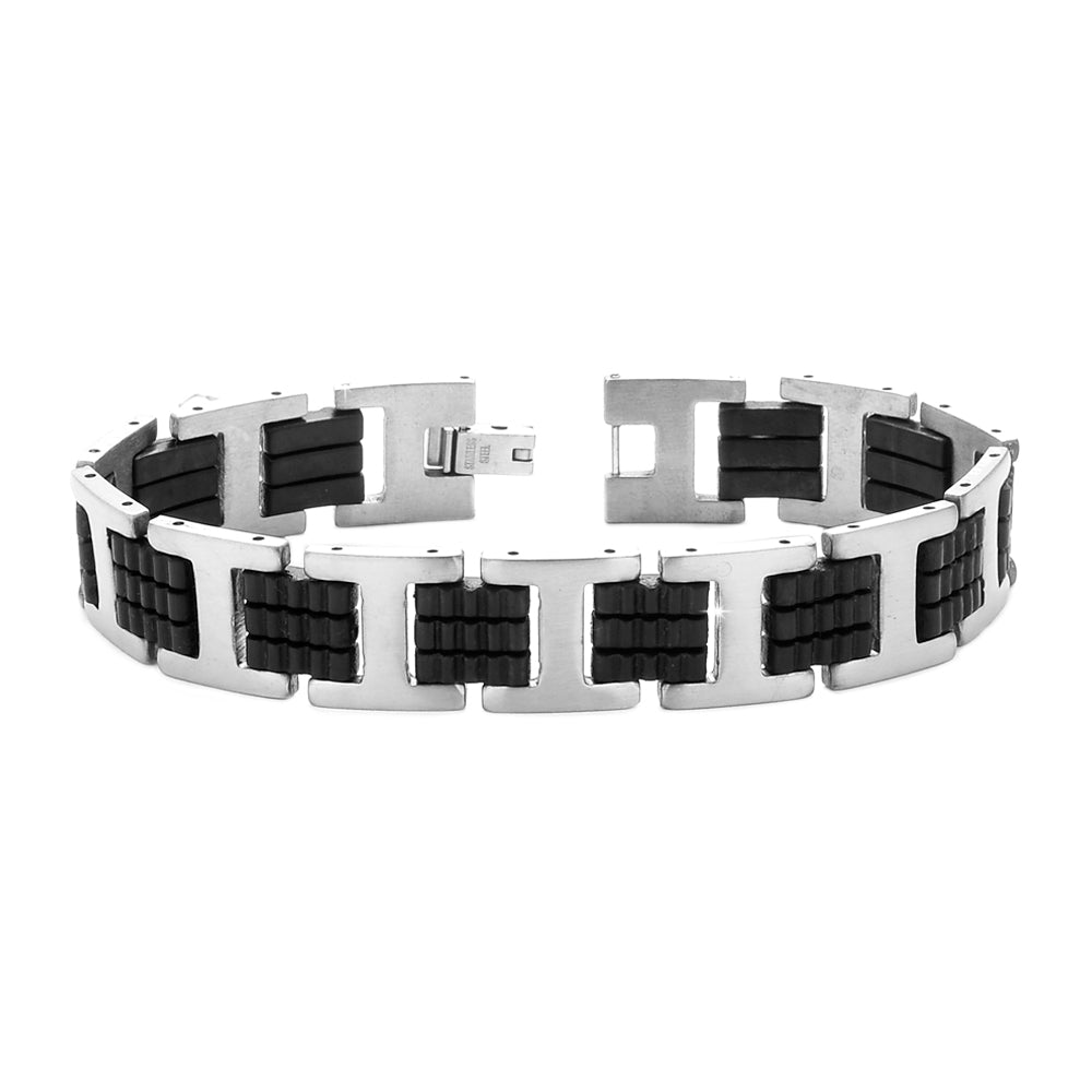 Bracciale uomo con maglie in acciaio silver e silicone nero -Beloved_gioielli