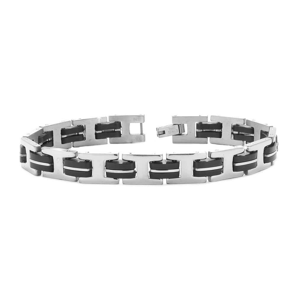 Bracciale uomo con maglie in acciaio silver e silicone nero -Beloved_gioielli