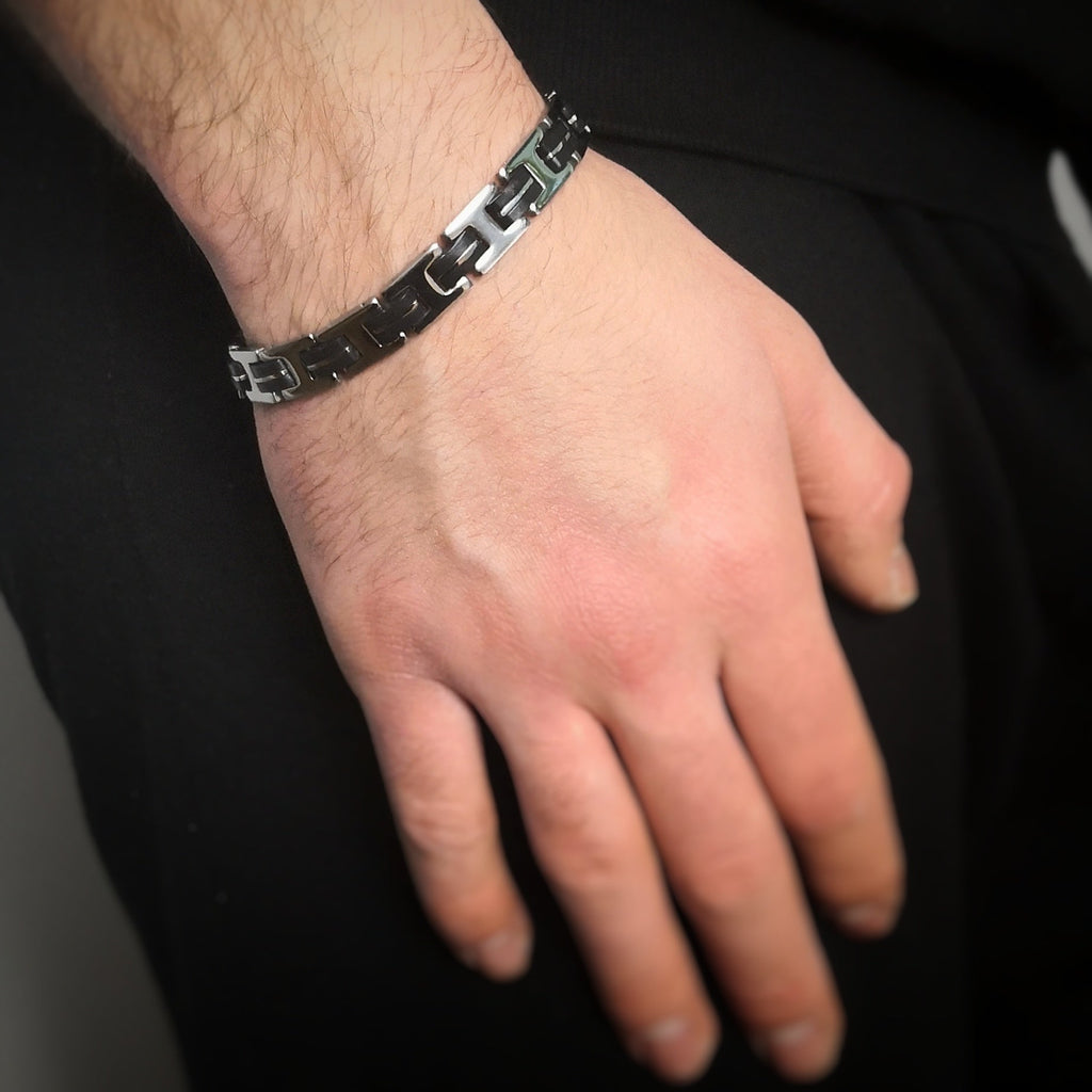 Bracciale uomo con maglie in acciaio silver e silicone nero -Beloved_gioielli