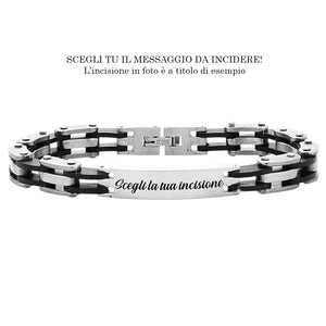 Bracciale uomo con maglie in silicone nero e acciaio - Piastrina silver -Beloved_gioielli