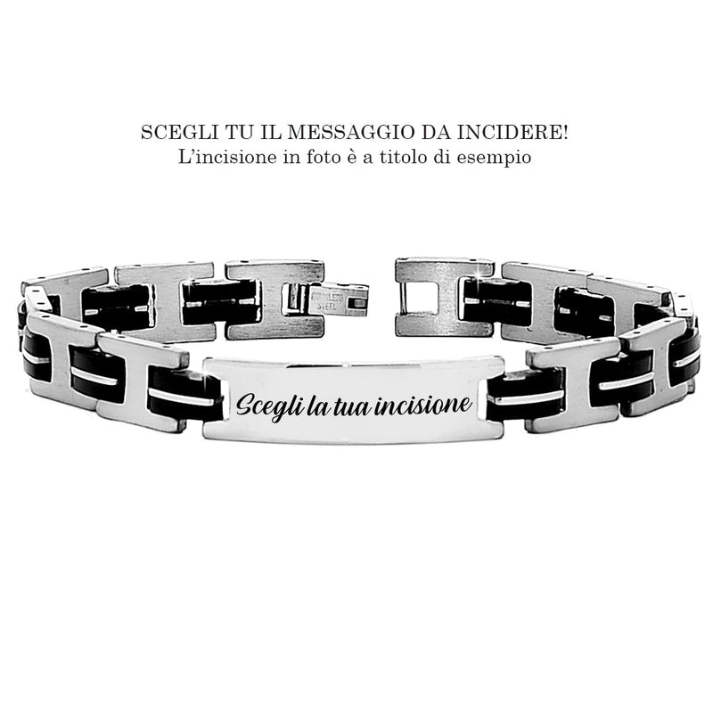 Bracciale uomo con maglie in silicone nero e acciaio - Piastrina silver -Beloved_gioielli