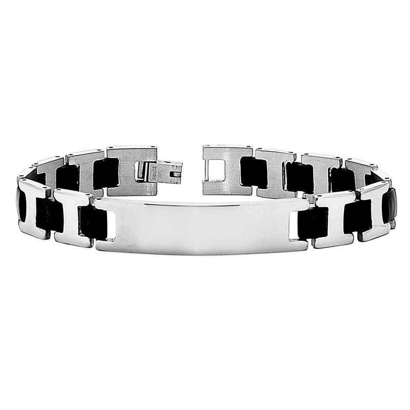 Bracciale uomo con maglie in silicone nero e acciaio - Piastrina silver -Beloved_gioielli