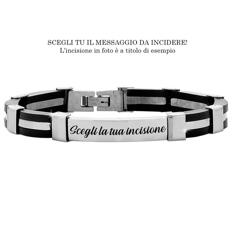 Bracciale uomo con maglie in silicone nero e acciaio - Piastrina silver -Beloved_gioielli