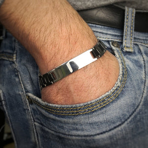 Bracciale uomo con maglie in silicone nero e acciaio - Piastrina silver -Beloved_gioielli