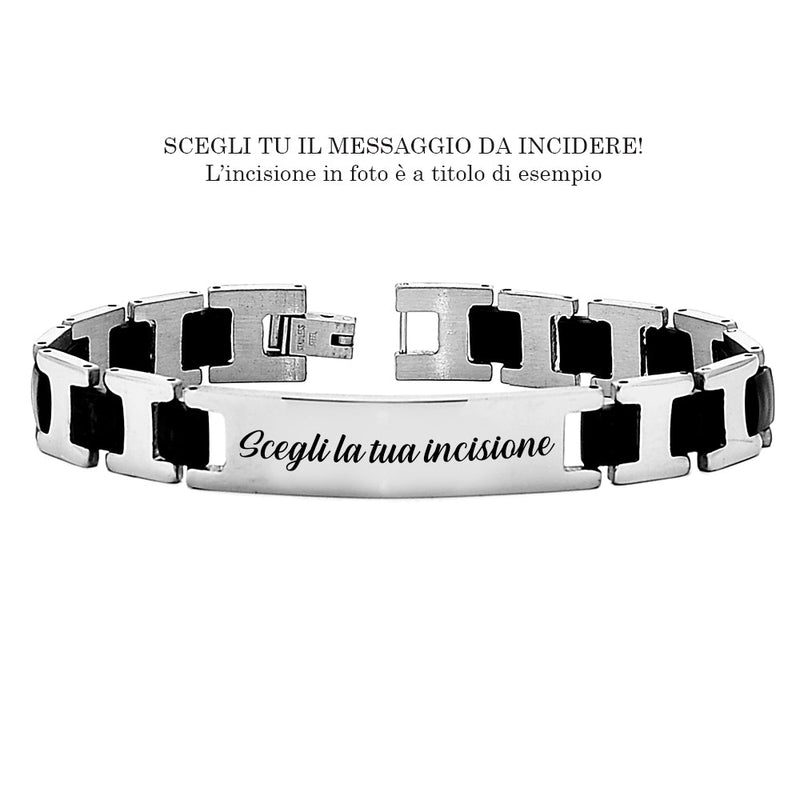 Bracciale uomo con maglie in silicone nero e acciaio - Piastrina silver -Beloved_gioielli