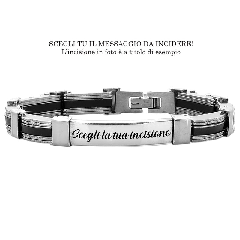 Bracciale uomo con maglie in silicone nero e acciaio - Piastrina silver -Beloved_gioielli