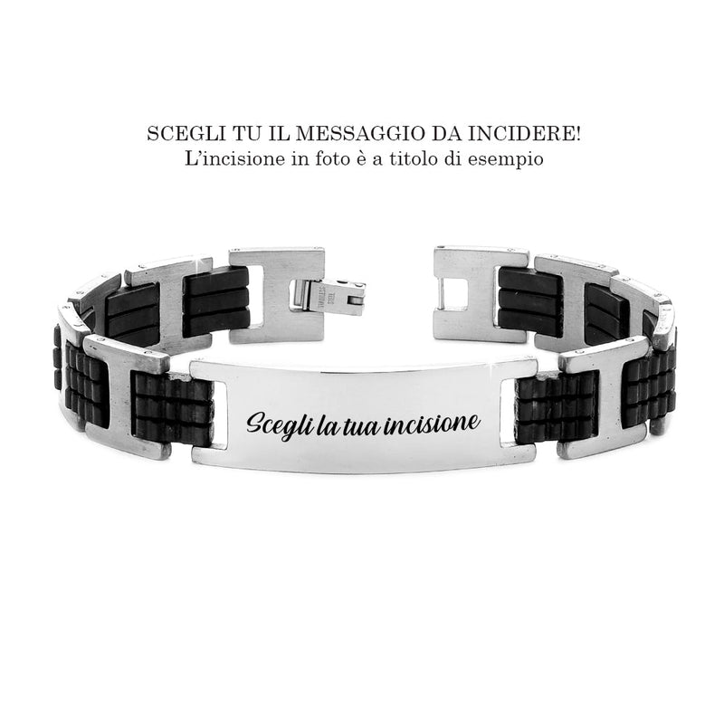 Bracciale uomo con maglie in silicone nero e acciaio - Piastrina silver -Beloved_gioielli