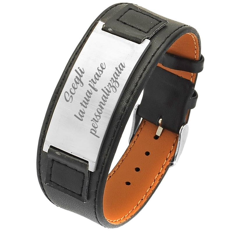 B17 - Bracciale in pelle con piastrina e chiusura in acciaio - Incisione Gioielli B17 - Bracciale in pelle con piastrina e chiusura in acciaio - Incisione Gioielli