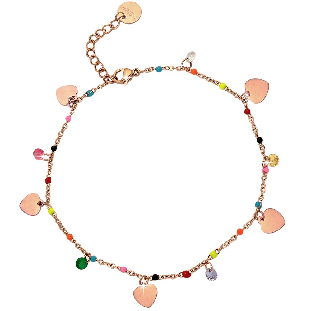 Cavigliera Summer Vibes con charm, cristalli e smalti rose gold - Cuori -Beloved_gioielli