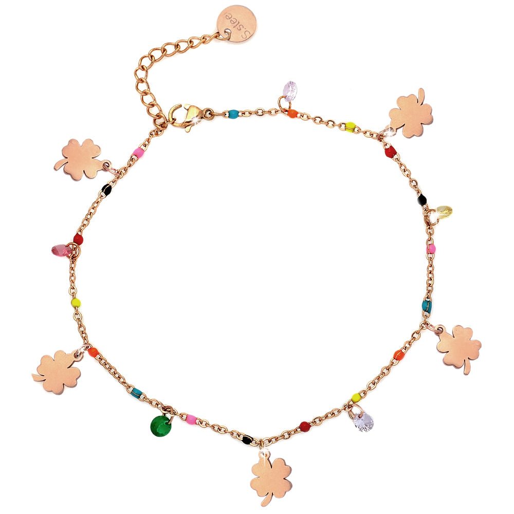 Cavigliera Summer Vibes con charm, cristalli e smalti rose gold - Quadrifogli -Beloved_gioielli