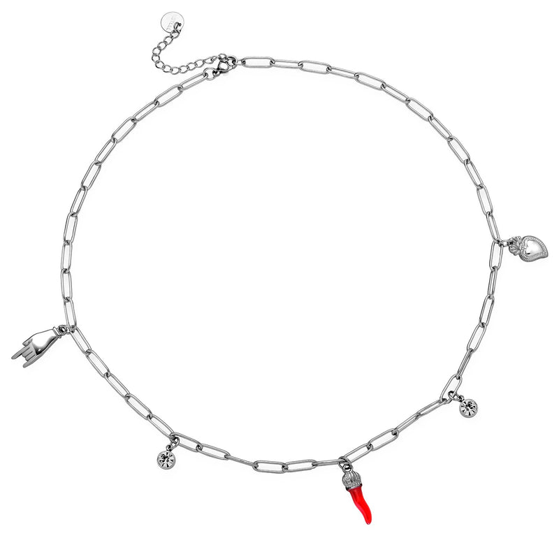 Collana con cornetto rosso, charms e castoni - Silver -Beloved_gioielli