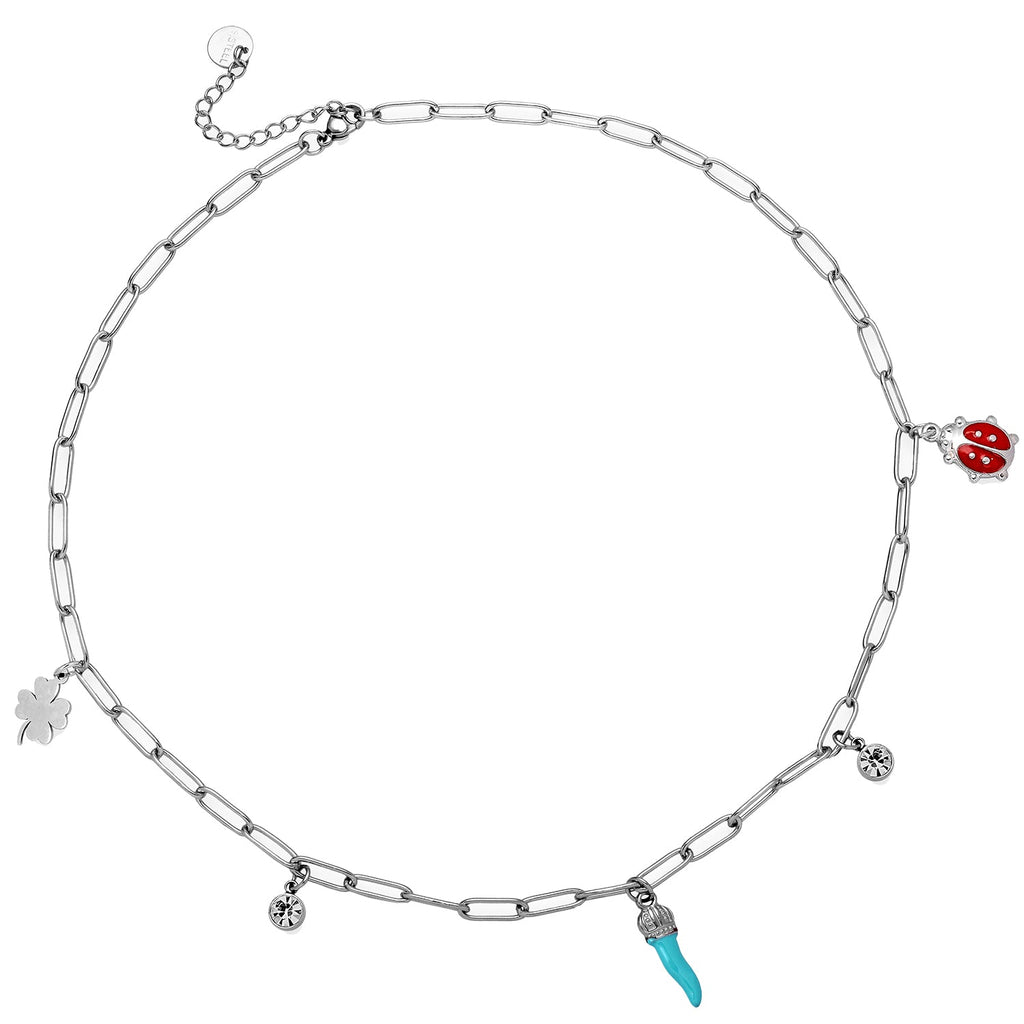 Collana con cornetto turchese, charms e castoni - Silver -Beloved_gioielli