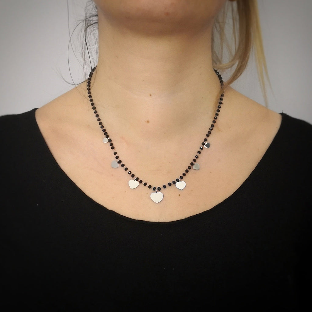 Collana con cristalli Briolè Neri e charms pendenti Silver - Cuori -Beloved_gioielli