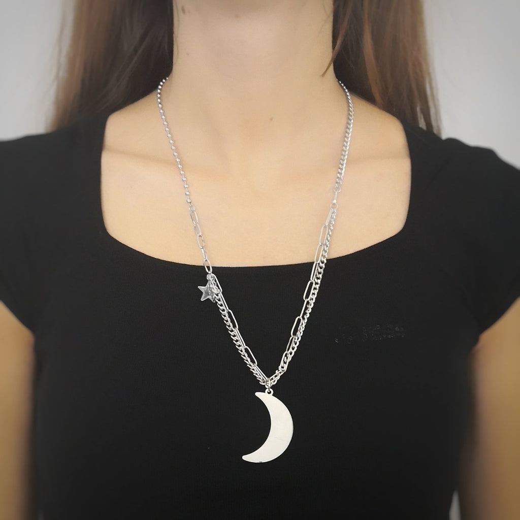 Collana con maglia a profilo squadrato in acciaio e charms colore Silver - Mezzaluna e Stella -Beloved_gioielli