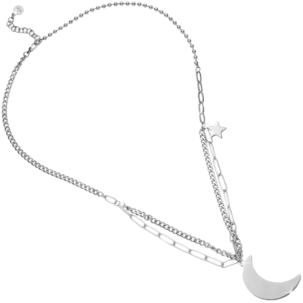 Collana con maglia a profilo squadrato in acciaio e charms colore Silver - Mezzaluna e Stella -Beloved_gioielli