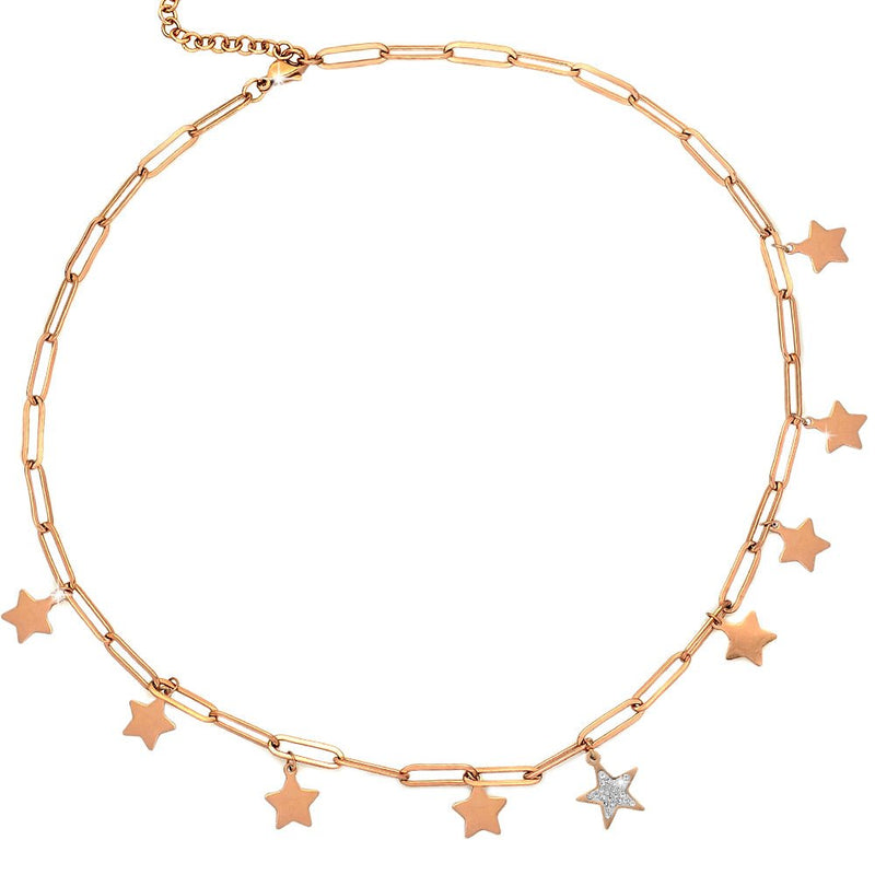 Collana con maglia a profilo squadrato in acciaio e charms pavè rose gold - Stelle -Beloved_gioielli