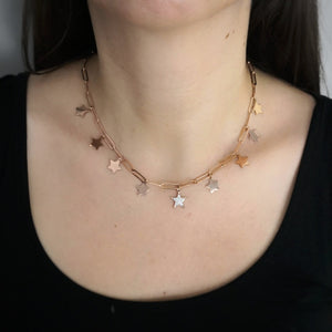 Collana con maglia a profilo squadrato in acciaio e charms pavè rose gold - Stelle -Beloved_gioielli