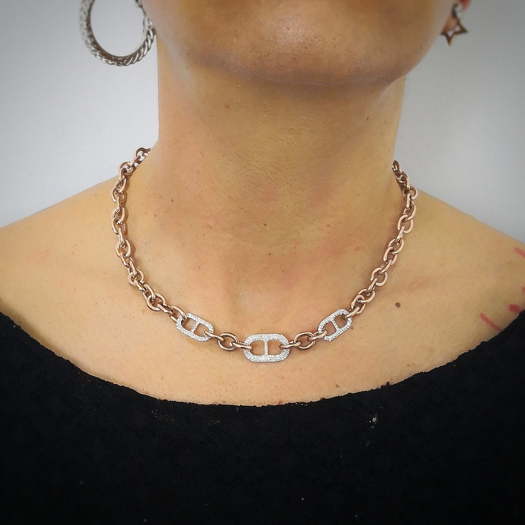 Collana con maglia groumette e cristalli in acciaio Rose gold -Beloved_gioielli