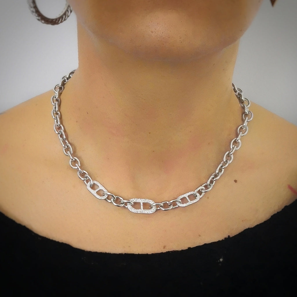 Collana con maglia groumette e cristalli in acciaio Silver -Beloved_gioielli