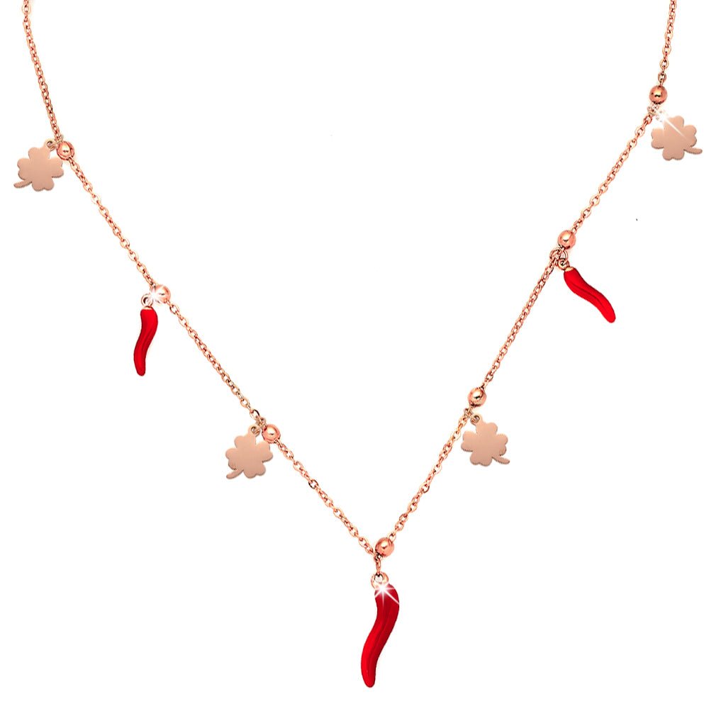 Collana donna con Cornetti e charms Rose gold - Quadrifogli -Beloved_gioielli