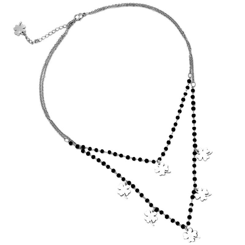 Collana donna doppia con cristalli neri briolè rosario e 6 charms - QUADRIFOGLI -Beloved_gioielli