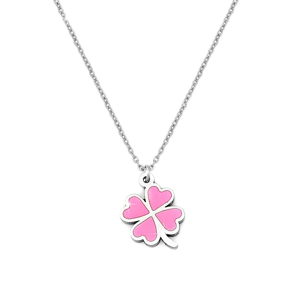 Collana donna in acciaio Linea EASY con ciondolo pendente - QUADRIFOGLIO ROSA -Beloved_gioielli