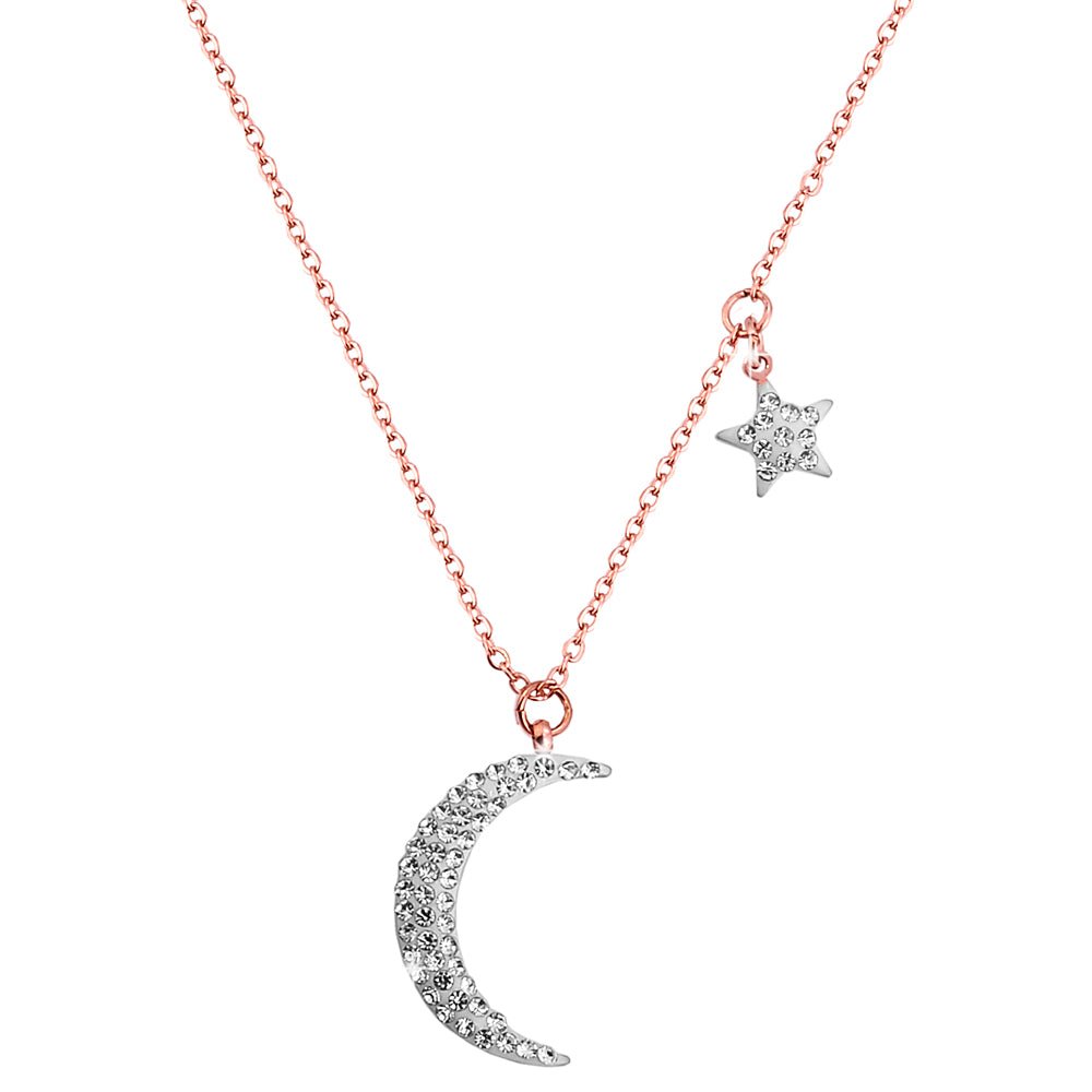 Collana donna pendente Mezzaluna e Stellina con cristalli bianchi - Rose gold -Beloved_gioielli