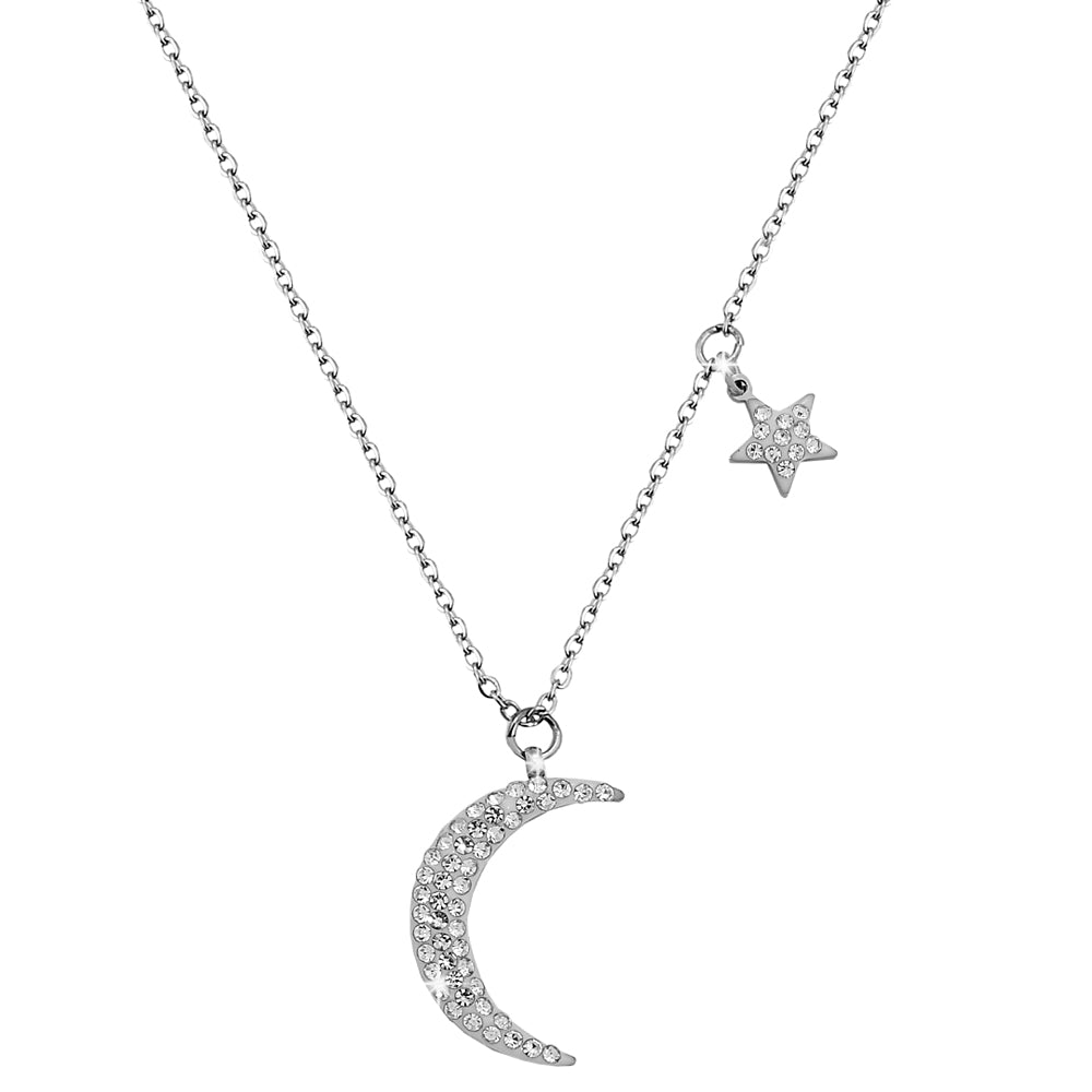 Collana donna pendente Mezzaluna e Stellina con cristalli bianchi - Silver -Beloved_gioielli