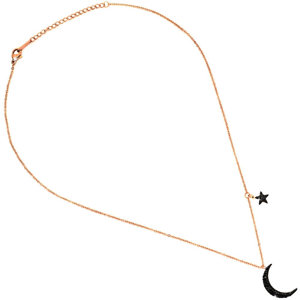 Collana donna pendente Mezzaluna e Stellina con cristalli neri - Rose gold -Beloved_gioielli