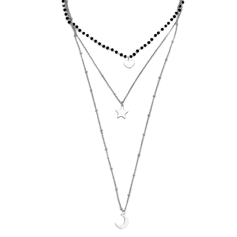 Collana donna tripla con cristalli neri briolè rosario e 3 charms - CUORE STELLA LUNA -Beloved_gioielli