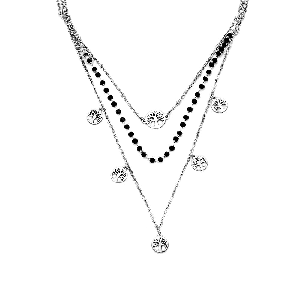 Collana donna tripla con cristalli neri briolè rosario e 6 charms - ALBERO DELLA VITA -Beloved_gioielli