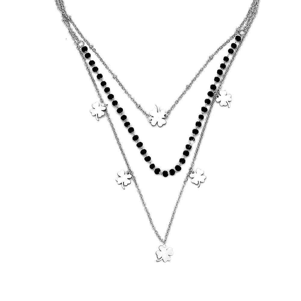 Collana donna tripla con cristalli neri briolè rosario e 6 charms - QUADRIFOGLI -Beloved_gioielli