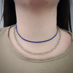 Collana due file Tennis e Groumette in acciaio silver - Cristalli blu -Beloved_gioielli