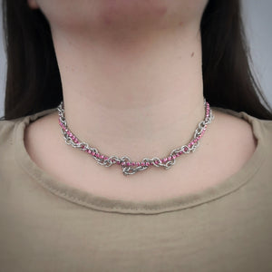 Collana due file Tennis e Groumette in acciaio silver - Cristalli rosa -Beloved_gioielli