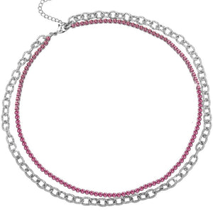 Collana due file Tennis e Groumette in acciaio silver - Cristalli rosa -Beloved_gioielli