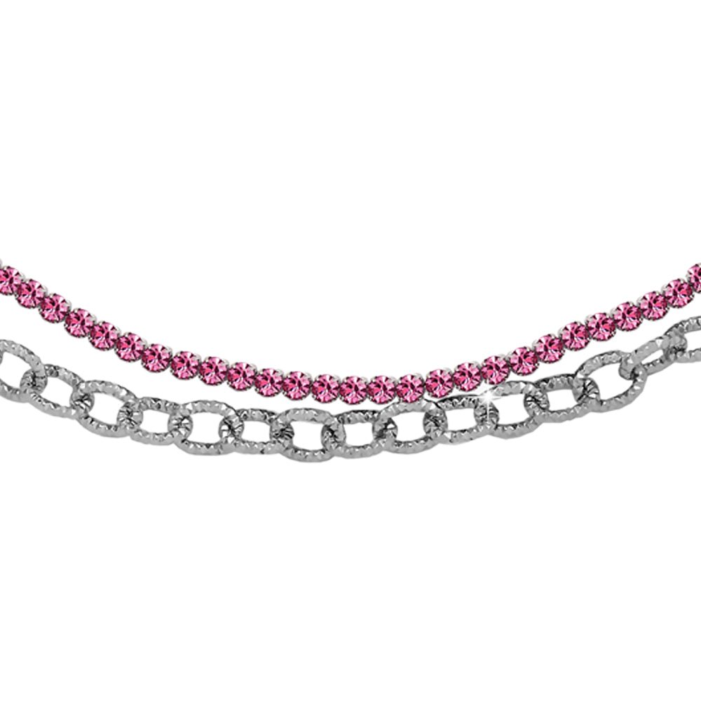 Collana due file Tennis e Groumette in acciaio silver - Cristalli rosa -Beloved_gioielli