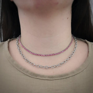 Collana due file Tennis e Groumette in acciaio silver - Cristalli rosa -Beloved_gioielli