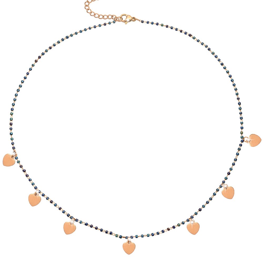 Collana girocollo con Cristalli tubolari colore Blu e charms rose gold - Cuori -Beloved_gioielli