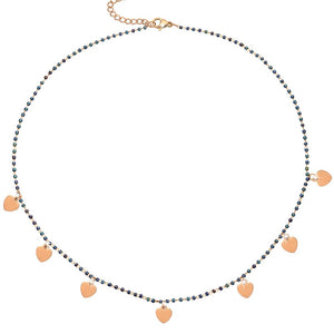 Collana girocollo con Cristalli tubolari colore Blu e charms rose gold - Cuori -Beloved_gioielli