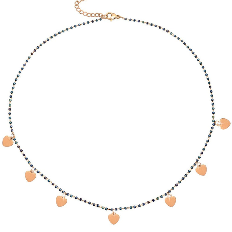 Collana girocollo con Cristalli tubolari colore Blu e charms rose gold - Cuori -Beloved_gioielli